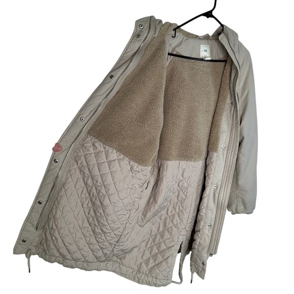 H&M Womans S Oversized Parka Hooded Long Barn Jacket Quilted Chore Coat Tan - Picture 4 of 9
